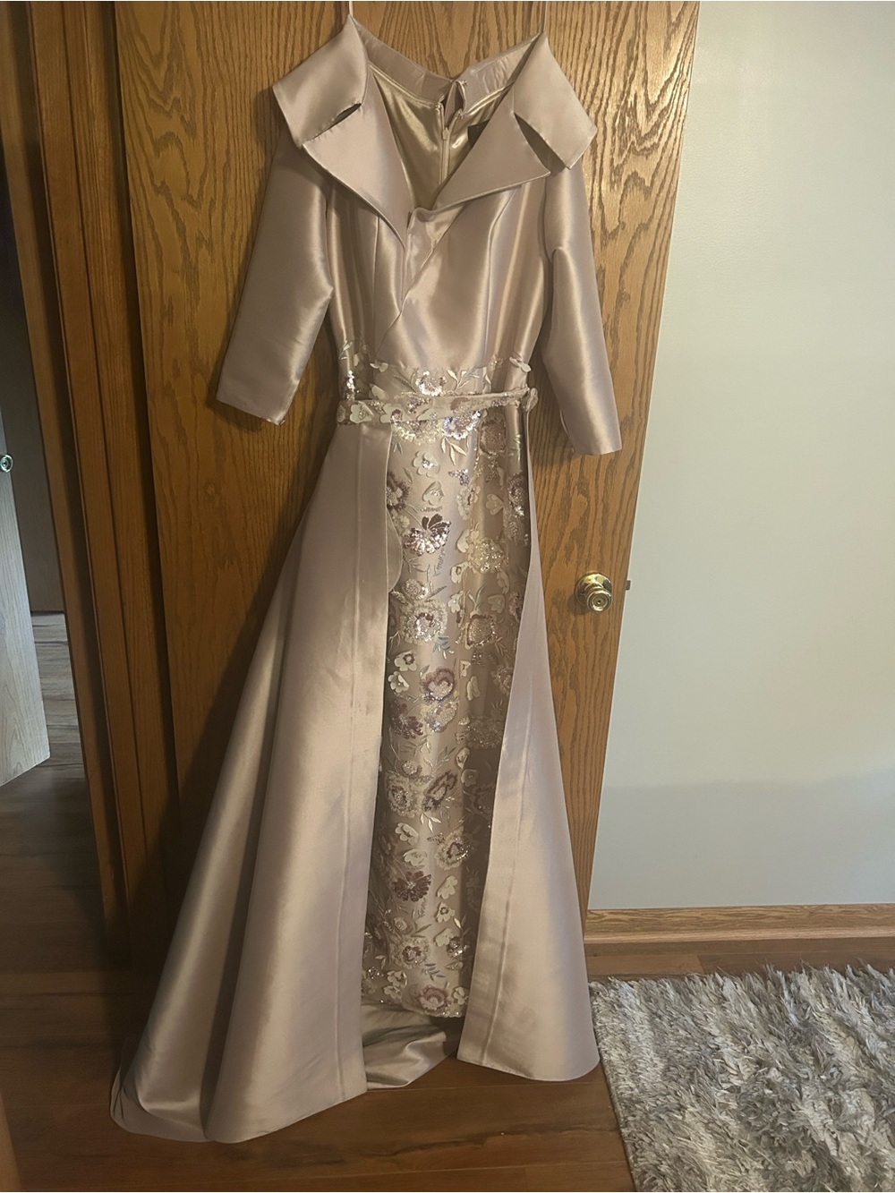 Terani Couture Champagne I Satin Gown with Floral Sequin Embellishment